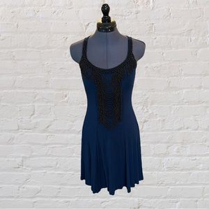 Navy Dress with Black Fringe Beading